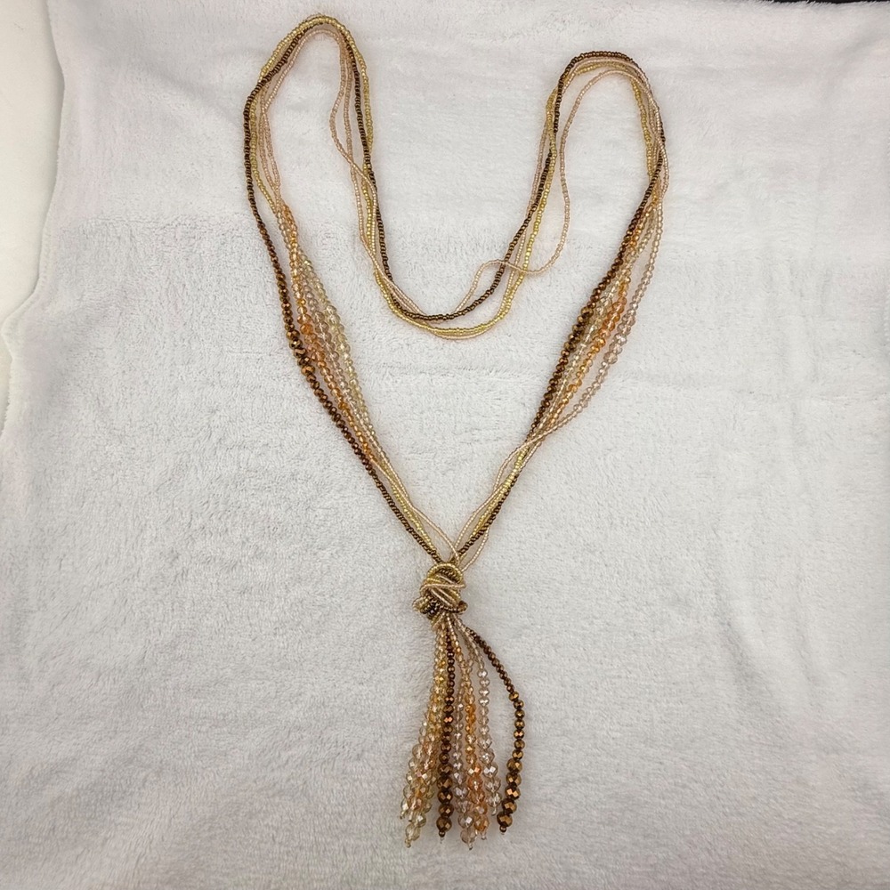 Vintage Estate Flapper Necklace Gold Bronze Beaded Multi Strand Tassel 36in